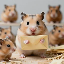 detailed photo of a hamster holding a sealed letter, various poses, full body, unedited, daylight, dof, sharp focus, 8 k