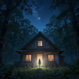 a photo of house in the forest, night, starry sky, a fairy in front of the house, hazy, 8k