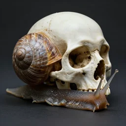 snail!!! with human skull for shell, realism, intricate