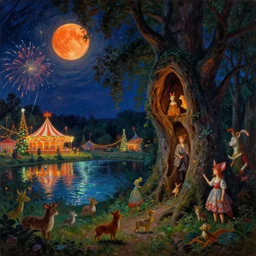 a night carnival around a magical tree cavity, with a surreal orange moonlight and fireworks in the background, next to a lake with iridiscent water, christmas lights, folklore animals and people disguised as fantastic creatures in a magical forest by summer night, masterpiece painted by john melhuish strudwick, dark night environment