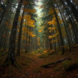 autumn in the boreal forest, detailed luminescent matte painting by esau andrews and artgerm, volumetric lighting, fisheye distortion, godrays
