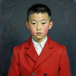 impressionist painting of a chinese boy with buzz cut hair wearing a red suit