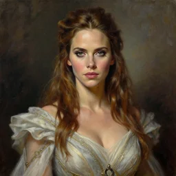 the portrait of halle berry as amazon warrior in an elegent dress by roberto ferri, fantasy, witcher, very detailed oil painting, masterpiece, 8 k, full face