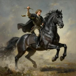 the first horseman of the apocalypse riding a strong big black stallion, horse is running, the rider is carrying the scales of justice, artwork by artgerm and rutkowski, breathtaking, dramatic, full view