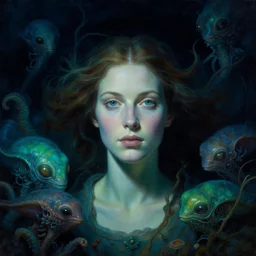 an underwater close - up renaissance portrait of a woman surrounded by alien sea creatures. deep blue and green tones. night time. gloomy dark black background. highly detailed fantasy science fiction portrait painting by norman rockwell, moebius, frank frazetta, and syd mead. rich colors, high contrast. artstation