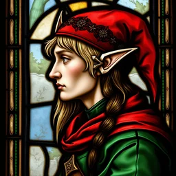 side - view portrait of the elf iorveth, scoia'tael leader, green coat, red cap, 1 5 th century stained glass window, very masterful