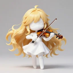 anime style, chibi, full body, a cute girl with white skin and golden long wavy hair holding a violin and playing a song, heavenly, stunning, realistic, light and shadow effects, modern art, realism, sharp focus, centered, landscape shot, happy, fleeting dream, simple background, studio ghibly makoto shinkai yuji yamaguchi, by wlop