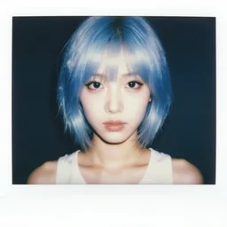 an aesthetic polaroid hologram of joi the short light blue haired girl with black eyes from blade runner