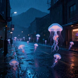many jellyfish running on the street at night after the rain, with the silhouette of distant mountains in the background, cyberpunk style, blade runner, by darek zabrocki, 8 k