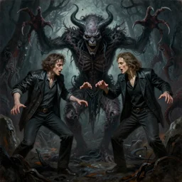 portrait painting of ed and lorraine warren possessed by demons battle the creature from the film malignant, sharp focus, full figure action shot, award - winning, dark fantasy, eerie, the occult, satanic, trending on artstation, masterpiece, highly detailed, intricate. art by josan gonzales and moebius and deathburger