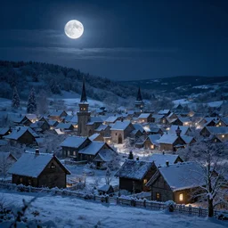 a medieval village at night with the moon in the sky realistic, Artstation, snowy