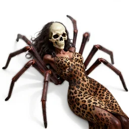 Skull that look too much like skull!, crypt lurker!!, grasp of darkness!!!, pitchburn devils, 8k CG character rendering of a spider-like hunting female on its back, fangs extended, wearing a leopard-patterned dress, set against a white background, with textured hair and skin.