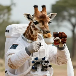 a photorealistic image of a giraffe astronaut drinking tea with queen isabel
