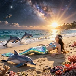 glimmering mermaid relaxing beach, dolphins, golden hour, god rays, coral reef, dreamscape by artgerm and ruan jia and ismail inceoglu and greg olsen, cosmos, milky way galaxy, masterpiece, beautiful, intricate, elegant, highly detailed