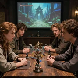 film still dnd, 4 actors sit at table, playing dnd, beckinsale schwarzenegger johansson timberlake, gm screen, dices, minis, finely detailed features, closeup at the faces, at an ancient city, gapmoe yandere grimdark, by miazaki