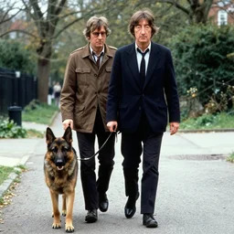 color photo of portrait of john lennon walking with a german shepherd dog. epic beautiful photo. 4 k. kodachrome. scorsese, fred herzog. 1 9 6 7. cinestill. masterpiece