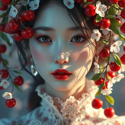 the portrait of the absurdly beautiful, graceful, elegant, gorgeous, fashionable photorealistic anime idol woman made of cherries and cherry blossoms with tears, an ultrafine hyperdetailed photograph by irakli nadar, intricate linework, bright colors, octopath traveler, final fantasy, unreal engine highly rendered, global illumination, radiant light, intricate environment