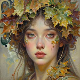face closeup of beautiful girl in intricate detailed color oilpaint, 3 d render, hyper realistic detailed portrait, flocking color leaves, ornate leaves headpiece, broken mirror, fluid acrilic, thin fractal tendrils, ruan jia, wlop. scifi, fantasy, hyper detailed, octane render, concept art, by peter mohrbacher, by alphonse mucha, by wlop