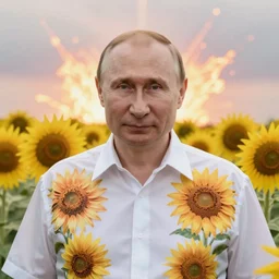 photo portrait of Vladimir Putin in sunflower field, dressed in shirt with ornamental ethereal  sunflower pattern, natural skin tone, explosion and fire in the background, elegant, Realistic, Refined, Highly Detailed, natural soft pastel lighting colors scheme, fine art photography by Cecil Beaton, volumetric lighting, hyper realistic photography