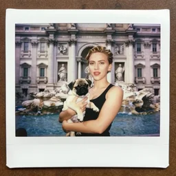 photography of scarlett johansson holding her pug - puppy in rome ( italy ), polaroid, 1 9 7 1,