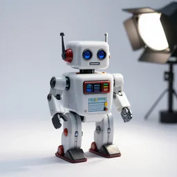 photo still of a toy robot, 8 k, studio lighting bright ambient lighting key light, 8 5 mm f 1. 8