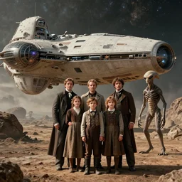 highly detailed, 262144k film still from a sci fi blockbuster color movie made in 2019, set in 1860, of a family standing in front of a spaceship that has just landed on an alien planet, a humanoid alien creature stands nearby, the family are all wearing 1860s era clothes, good lighting, good photography