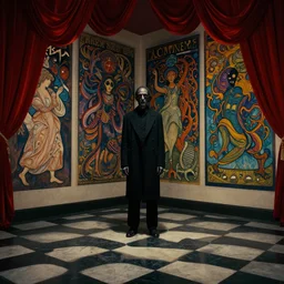 extremely detailed checkerboard movie shot portrait of one dark bizarre figure standing in the corner of a checkerboard checkerboard room by denis villenueve, yves tanguy, lovecraft, roger dean, amano, mucha, tentacles, dynamic composition, rich moody colours, red drapes