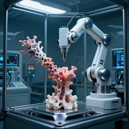 a complex bifurcated fractal robotic cnc surgical arm cybernetic symbiosis hybrid mri 3 d printer machine making organic ceramic fractal forms in a glass room laboratory room with control panels, dramatic hdri lighting, film still from cyberpunk movie,