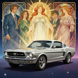a detailed render of a 1 9 6 7 ford mustang fastback, vector art, art by john collier and albert aublet and krenz cushart and artem demura and alphonse mucha, cosmic, heavenly, god rays, intricate detail, cinematic, 8 k, cel shaded, unreal engine, featured on artstation, pixiv