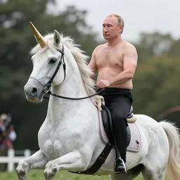 Vladimir Putin rides a unicorn, shirtless, photorealistic, highly detailed, trending in artstation, octane render