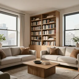 interior shot of a beautiful apartment in a city, sofa and table, bookshelves, morning atmosphere, 4 k, highly detailed, hd