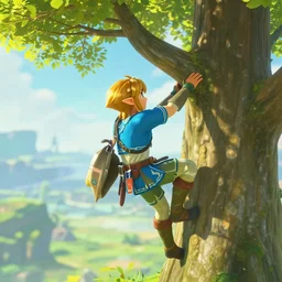 in game footage of link from the legend of zelda breath of the wild climbing q tree, breath of the wild art style.