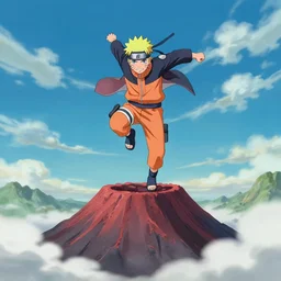 naruto uzumaki jumping over a volcano, 4 k, 8 k, cinematic lighting, wide shot