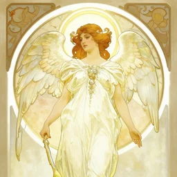 Angel with Ring of light behind her, in the style of Alphonse Mucha