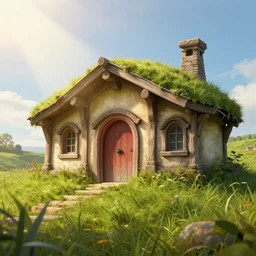 a hobbit house in a grass field hill, a sunny day, ray of sunlight, volumetric, depth, of field, hypersharp, hyperdetailed, by moebius, high detail, elegant, digital painting, cinematic lighting, vibrant, intricate, textured skin, highly detailed, artstation, sharp, focus, hdr, unreal engine 5, breathtaking, illustration, anna dittmann, ilya kuvshinov, nikolay makovsky