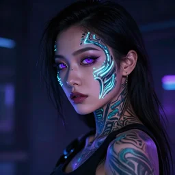 a cyberpunk beautiful woman with tribal glowing tatoos on the face and purple eyes, photography, canon eos c 3 0 0 mark iii, ƒ 3, 2 0 mm