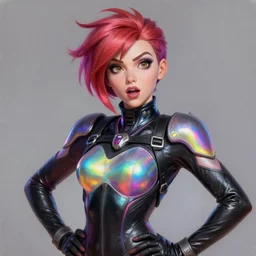 overwatch style oil painting portrait of tracer overwatch, confident pose, wearing black iridescent rainbow latex, rainbow, neon, 4 k, expressive surprised expression, makeup, wearing detailed black leather collar, wearing sleek armor, studio lighting, black leather harness, expressive detailed face and eyes,