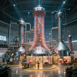 a huge candy factory, award winning photo, masterpiece, cinematic lighting