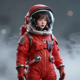 beautiful girl in red spacesuit with helm, studio photo portrait, artstation, ultra detailed, advanced digital painting, safebooru, bokeh effect, volumetric fog and lighting, 8k
