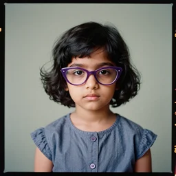 kodak portra 4 0 0, 8 k, highly detailed, britt marling style, color studio - portrait of a handsome cute 2 0 year old black haired hyderabadi female with cateye glasses wearing purple, round face, muted colors, up face with 1 9 2 0's hairstyle and cloth style, asymmetrical, hasselblad