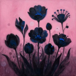 beautiful _ digital _ matte _ whimsical _ painting _ of _ whimsical _ botanical _ illustration _ black _ and _ blue _ flowers _ enchanted _ bokeh _ pink _ background _ dark _ contrast _ - s 2 3 0 0 5 0 6 1 2 4