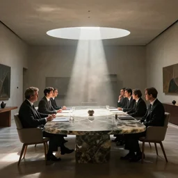 a interior design of a home by frank lloyd wright, but a large obsidian table with business men sitting around it, illuminati, ominous, sun beam, dust illuminated by sun beam