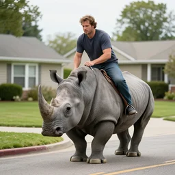 a man riding a rhino through a neighborhood, super rad, highly detailed, realistic,