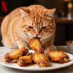 a photograph of a fat orange cat eating fried wings, cooked to perfection, chefs table, netflix, gourmet, three michelin star, food photography