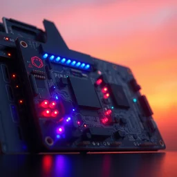 an award winning digital artwork of a printed circuit board with leds, stunning, washed out colors, serenity, professional, master level composition, volumetric lighting, haze, sunset, photorealistic