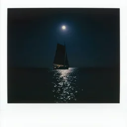 low angle, haunted vhs glitch polaroid of quetzalcoatl sailing through deep blackness. black bay, stars strange perspective, depths, ethereal lighting. nighttime setting with the moon reflecting off the water