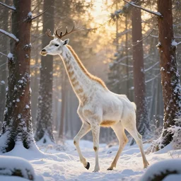 a long haired albino elk with a long neck like a giraffe walks thru an enchanted forest, majestic!!! beautiful!!!, ethereal!!!, loving, ultra realistic, winter, golden hour, volumetric lighting, sharp focus