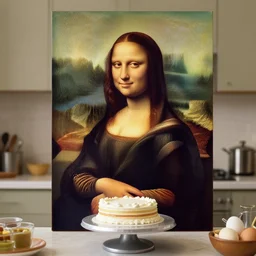 a woman standing in the kitchen baking a cake!!, looks like mona lisa, sharp focus, hyper realistic, centered, insanely detailed, a painting by leonardo da vinci
