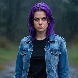 an insanely detailed realistic depiction of beautiful abigail from stardew valley wearing black shirt under blue denim jacket standing in the rain, purple hair, pretty blue eyes, in the style of peter mohrbacher, artgerm, dramatic lighting and composition, octane render, trending on artstation, concept art 8 k