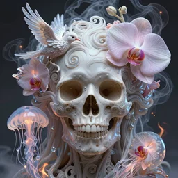3 d close - up swirly skull portrait!! of the face!! of a beautiful goddess!! jellyfish phoenix bird and giant orchid flower and giant gladiola with translucent nautilus surrounded by smoke and water fire energy flow, highly detailed. octane render, excellent composition, by wlop, tooth wu, greg rutkowski, alena aenami